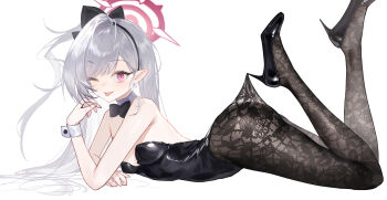 1girl absurdres arched_back black_flower black_leotard blue_archive bow bowtie commentary_request detached_collar feet_up floral_print_pantyhose flower grey_hair halo high-waist_pantyhose high_heels highres hooked_on_heel lace lace_pantyhose lace_pantyhose_hooked_on_heel_(meme) leotard long_hair looking_at_viewer lying meme mutsuki_(blue_archive) on_stomach one_eye_closed pantyhose pantyhose_tug playboy_bunny pointy_ears red_eyes red_halo reiami side_ponytail solo stiletto_heels strapless strapless_leotard thighhighs tongue tongue_out white_wrist_cuffs wrist_cuffs