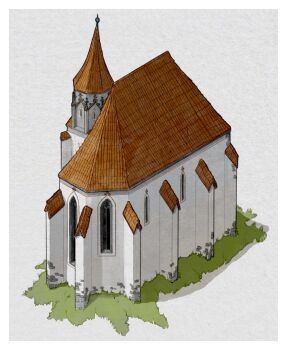 border building church clippymagic commentary english_commentary european_architecture grass grey_background highres isometric medieval no_humans original outside_border shadow solo white_border