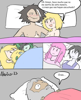 3boys 4girls :| adventure_time adventure_time:_fionna_and_cake afterglow artist_name awake awkward bags_under_eyes beard bed_sheet black_hair blank_eyes blonde_hair blush breasts camisole cleavage closed_eyes closed_mouth constricted_pupils couple expressionless facial_hair finn_the_human green_hair grey_shirt half-closed_eyes highres huntress_wizard implied_after_sex lying marceline_abadeer medium_breasts medium_hair messy_hair minerva_campbell multicolored_hair multiple_boys multiple_girls naked_sheet old old_man on_back on_bed parody pillow pink_hair pink_shirt plant_hair princess_bonnibel_bubblegum prismo purple_camisole shirt short_hair simon_petrikov sleeveless sleeveless_shirt solid_oval_eyes spanish_text streaked_hair sweat thecooleralexico translated vampire white_hair wide-eyed worried yuri