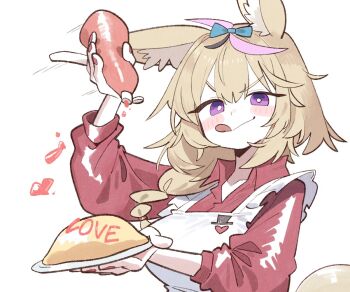 1girl ahoge animal_ear_fluff animal_ears apron blonde_hair blush breasts cocomayo29_(tomato) commentary english_text food food_writing fox_ears fox_girl frilled_apron frills hat heart holding holding_plate hololive ketchup ketchup_bottle long_hair maid_apron multicolored_hair nail_polish omaru_polka omelet omurice pink_hair plate purple_eyes red_nails red_shirt shirt simple_background smile streaked_hair tail tongue tongue_out top_hat virtual_youtuber white_apron white_background