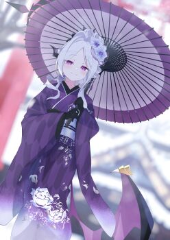 1girl absurdres black_gloves black_halo blue_archive breasts commentary_request day demon_girl demon_horns demon_wings gloves halo highres hina_(blue_archive) holding holding_umbrella horns long_hair looking_at_viewer low_wings new_year not_seven777 official_alternate_costume official_alternate_hairstyle outdoors purple_eyes small_breasts solo umbrella white_hair wings