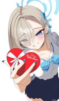 1girl asuna_(blue_archive) asuna_(school_uniform)_(blue_archive) asymmetrical_bangs blonde_hair blue_archive blue_bow blue_bowtie blue_eyes blue_hair blue_nails blue_ribbon blue_skirt blush bow bowtie box breasts cleavage collared_shirt commentary_request cowboy_shot eyes_visible_through_hair fingernails from_above grin hair_over_one_eye hair_ribbon hand_up happy_valentine heart-shaped_box highres holding holding_box korean_commentary large_breasts long_bangs long_fingernails long_hair loose_bowtie nail_polish negi_(bagchan27792061) official_alternate_costume pleated_skirt raised_eyebrows ribbon shirt shirt_tucked_in simple_background skirt smile solo straight_hair twitter_username valentine white_background white_shirt wing_collar