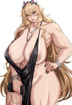 1girl abs absurdres alecto_0 areola_slip bag bare_shoulders barghest_(fate) biceps black_dress blonde_hair bracelet breasts cleavage commentary dress english_commentary evening_gown fate/grand_order fate_(series) green_eyes handbag heterochromia highres horns huge_breasts jewelry long_hair looking_at_viewer muscular muscular_female muscular_legs necklace pelvic_curtain plunging_neckline red_eyes solo thighs