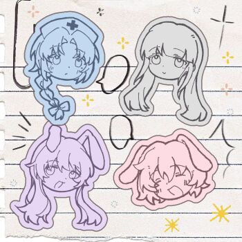 Rule 34 | blunt bangs, hat, head only, highres, houraisan kaguya, inaba tewi, lei niao3375, limited palette, long hair, medium hair, nurse cap, open mouth, reisen udongein inaba, side ponytail, sketch, sparkle, speech bubble, touhou, white background, yagokoro eirin