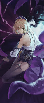 1girl absurdres accessories asymmetrical_shorts bare_shoulders beret blonde_hair chain commentary commentary_request detached_sleeves english_commentary garter_straps hair_between_eyes hammer hat high-waist_shorts highres holding holding_hammer holding_weapon looking_at_viewer mixed-language_commentary mole mole_under_mouth momo_(2240807) monster_girl parted_lips purple_background purple_eyes scylla shirt short_hair shorts single_garter_strap single_thighhigh solo suction_cups tentacle_girl tentacle_tail tentacles thighhighs torn_clothes torn_thighhighs weapon white_shirt white_sleeves yidhari_murphy zenless_zone_zero