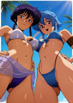 2girls absurdres aged_up ahoge armlet armor ass bikini bikini_armor black_hair blue_hair blue_sky blush breastplate breasts cameltoe commentary commission commissioner_upload covered_erect_nipples english_commentary fire_emblem fire_emblem:_genealogy_of_the_holy_war from_below front-tie_bikini_top front-tie_top gluteal_fold gravydood groin hands_on_own_hips headband highleg highleg_bikini highres jewelry larcei_(fire_emblem) looking_at_viewer mother_and_child mother_and_daughter multiple_girls navel nintendo open_mouth original outside_border palm_tree parent_and_child purple_eyes revealing_clothes see-through_clothes selia_(mrtalkingdino) short_hair sidelocks sky smile swimsuit swimsuit_cover-up thighs tomboy tree white_headband