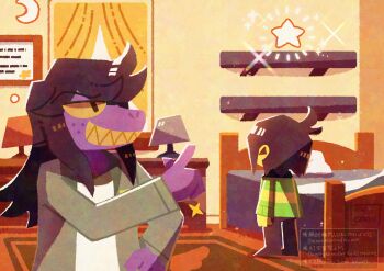 1girl 1other androgynous bed bedroom black_eyes black_hair black_pants black_shoes brown_hair colored_sclera colored_skin crescent curtains day deformed delta_rune_(symbol) deltarune freckles from_behind full_body green_jacket green_sweater grin hair_over_one_eye hand_on_own_hip happy highres indoors jacket kris_(deltarune) lamp light_particles long_hair long_sleeves messy_hair monster_girl nightstand nostrils open_clothes open_jacket pants pointing purple_skin rug sharp_teeth shelf shirt shoes sidelocks signature single_stripe smile snout star_(symbol) striped_clothes striped_sweater susie_(deltarune) sweater teeth upper_body utdr_(toby_fox) watawata22 watermark white_shirt window yellow_sclera