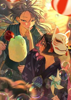 Rule 34 | 2boys, :o, absurdres, alternate costume, aqua eyes, asa no ha (pattern), backlighting, bell, black hair, blue hair, blue kimono, blue sash, blurry, blurry background, blurry foreground, blush, candy apple, coin purse, commentary request, cotton candy, curtained hair, floating hair, food, food on face, fox mask, from above, fubuki (nige jouzu no wakagimi), hand up, height difference, highres, holding, holding candy apple, holding cotton candy, holding food, holding pinwheel, houjou tokiyuki (nige jouzu no wakagimi), japanese clothes, jingle bell, kimono, lens flare, light particles, looking at another, low ponytail, male focus, mask, mask on head, mitsu uroko, motoyui, multiple boys, nige jouzu no wakagimi, open mouth, outdoors, parted bangs, pink eyes, pinwheel, ponytail, purple kimono, purple sash, sash, sidelocks tied back, soap bubbles, summer festival, sweatdrop, thick eyebrows, tsurime, wiping another's face, wolf cut, xiao (creation0528), yaoi, yukata