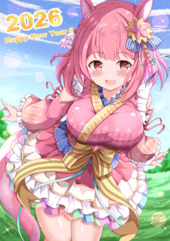 1girl :d animal_ears blue_sky blush breasts bush chinese_zodiac cloud day dress frilled_dress frills grass hair_between_eyes hair_ornament hair_ribbon happy_new_year highres horse_ears horse_tail hoshizaki_akari large_breasts long_hair long_sleeves new_year ongeki open_mouth outdoors pink_dress pink_eyes pink_hair ribbon sidelocks sky smile solo standing tail xenon_(for_achieve) year_of_the_horse
