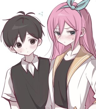 1boy 1girl antenna_hair aubrey_(faraway)_(omori) aubrey_(omori) black_sweater_vest blue_eyes blue_hairband blush closed_mouth collarbone collared_shirt crop_top double-parted_bangs flying_sweatdrops hair_between_eyes hairband highres jacket long_hair looking_at_another omori open_clothes open_jacket pink_hair shirt short-sleeved_jacket short_hair short_sleeves sidelocks simple_background sunny_(omori) sweatdrop sweater_vest white_background white_jacket white_shirt wktdms1