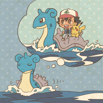 :3 baseball_cap black_hair black_shirt black_shoes blue_pants blue_vest bright_pupils brown_eyes closed_eyes closed_mouth commentary_request denim dot_nose fingerless_gloves gen_1_pokemon gloves green_gloves hat imagining jeans lapras mojacookie nintendo official_art open_clothes open_mouth open_vest pants pikachu pokemon pokemon_(anime) pokemon_(classic_anime) pokemon_(creature) pokemon_journeys polka_dot polka_dot_background riding riding_pokemon second-party_source shirt shoes short_hair sitting smile speech_bubble teeth thought_bubble upper_teeth_only vest water white_pupils
