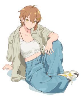 1girl absurdres blue_pants blush brown_hair closed_mouth collared_shirt commentary crop_top earrings expressionless fukana_miyu_(kokuya28) full_body grey_shirt hair_ornament highres jewelry kokuya_(kokuya28) looking_at_viewer midriff navel open_clothes open_shirt original pants shirt shoes short_hair short_sleeves simple_background sneakers solo tank_top white_background white_shoes white_tank_top x_hair_ornament yellow_eyes