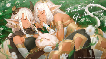 2girls animal_ears anniversary ash_(fire_emblem) bare_shoulders beak bird black_cape black_dress black_horns blush boots breasts bridal_gauntlets broken_horn brown_boots cape closed_eyes closed_mouth cow_ears cow_girl cow_horns cow_tail dark-skinned_female dark_skin detached_sleeves dress ekao feh_(fire_emblem_heroes) fingerless_gloves fire_emblem fire_emblem_heroes flower gloves grass horns long_hair lying meliai_(fire_emblem) multiple_girls nintendo official_art on_back on_side owl parted_lips sleeping tail torn_cape torn_clothes white_dress white_hair