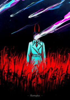 1boy censored censored_face censored_identity coat color_contrast convenient_censoring cowboy_shot faceless facing_viewer field grass highres kartoplya_arts kim_dokja male_focus meteor_shower necktie omniscient_reader&#039;s_viewpoint popped_collar red_grass red_necktie shirt solo standing tall_grass white_coat white_shirt