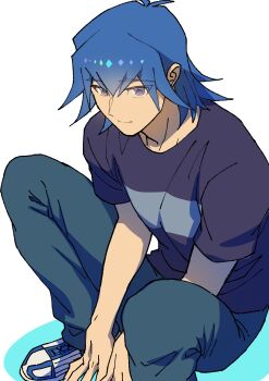 1boy absurdres black_shirt blue_eyes blue_hair blue_pants bruno_(yu-gi-oh!) highres pants shirt simple_background solo squatting white_background youko-shima yu-gi-oh! yu-gi-oh!_5d&#039;s