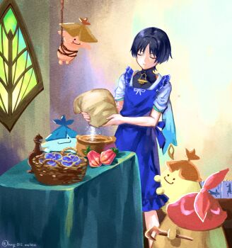 1boy apron aqua_sleeves aranara_(genshin_impact) basket black_bodysuit black_hair blue_apron blunt_ends bodysuit bound bound_torso cane closed_eyes covered_collarbone eyeliner eyeshadow food frilled_apron frills fruit genshin_impact hag_(hag_015) hair_intakes hanging highres holding holding_cane holding_sack layered_sleeves makeup male_focus middle_eastern_architecture red_eyeliner red_eyeshadow rukkhashava_mushroom_(genshin_impact) sack scaramouche_(genshin_impact) short_sleeves shoulder_peek standing table turtleneck turtleneck_bodysuit twitter_username wanderer_(genshin_impact) white_sleeves window