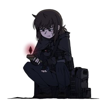 Rule 34 | 1boy, backpack, bag, black bag, black cloak, black gloves, black jacket, blue eyes, blue pants, boots, brown hair, cloak, commission, fingerless gloves, gloves, highres, holding, hood, hooded cloak, jacket, karepack, load bearing vest, long hair, looking at object, original, pants, parted lips, ponytail, pouch, sidelocks, solo, squatting, sweatdrop, transparent background