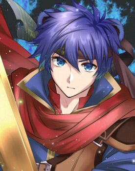 1boy blue_eyes blue_hair commentary_request fire_emblem fire_emblem:_path_of_radiance headband holding holding_weapon ike_(fire_emblem) kakiko210 looking_at_viewer male_focus nintendo ragnell short_hair weapon