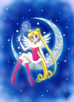 1girl bead_bracelet beads bishoujo_senshi_sailor_moon blonde_hair blue_eyes boots bracelet choker crescent_moon cross crossed_legs double_bun dress earrings female_focus full_body fur_trim hair_bun heart heart_earrings high_heel_boots high_heels holding jewelry knee_boots long_hair marco_albiero moon official_style on_crescent red_boots santa_costume santa_dress signature sitting solo star_(symbol) star_symbol_background takeuchi_naoko_(style) tsukino_usagi twintails very_long_hair wand wings