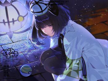 1girl black_dress black_hair black_pantyhose bob_cut chandelure coat dress gen_5_pokemon gwynn_(pokemon) hat highres long_sleeves looking_at_viewer nest_ball nintendo pantyhose parted_lips poke_ball pokemon pokemon_(creature) pokemon_legends:_z-a purple_eyes short_hair squatting sudou_kira white_coat