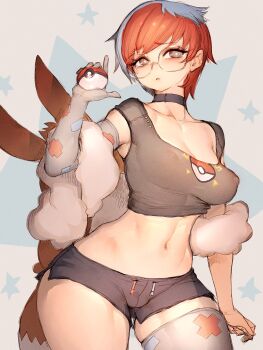1girl backpack bag black_choker blue_hair choker covered_erect_nipples cowboy_shot crop_top eevee elbow_gloves fumio_(rsqkr) fur-trimmed_jacket fur_trim gen_1_pokemon glasses gloves highres holding holding_poke_ball jacket multicolored_hair navel nintendo off-shoulder_jacket off_shoulder penny_(pokemon) poke_ball poke_ball_(basic) poke_ball_print pokemon pokemon_sv red_hair round_eyewear short_hair short_shorts shorts single_elbow_glove single_thighhigh solo star_(symbol) star_symbol_background thighhighs two-tone_hair