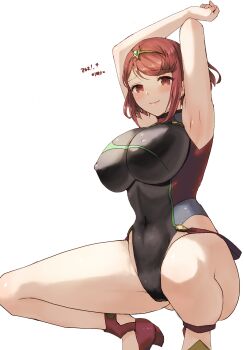 1girl armpits arms_up black_one-piece_swimsuit breasts closed_mouth commentary_request covered_erect_nipples covered_navel dated feet_out_of_frame gem green_gemstone highres large_breasts looking_at_viewer official_alternate_costume one-piece_swimsuit pyra_(pro_swimmer)_(xenoblade) pyra_(xenoblade) red_eyes red_hair red_sandals sandals short_hair sidelocks simple_background smile solo squatting swimsuit tiara white_background xenoblade_chronicles_(series) xenoblade_chronicles_2 yamamori_kinako