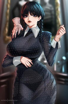 1girl absurdres the_addams_family arm_under_breasts artist_name black_bra black_dress black_eyes black_garter_straps black_hair black_nails black_panties black_thighhighs blurry blurry_background bra bra_visible_through_clothes braid breasts closed_mouth collar collared_dress commentary cowboy_shot dress english_commentary enma_(enmanuelart) expressionless eyelashes freckles garter_straps goth_fashion hand_on_another&#039;s_shoulder hand_up highres indoors large_breasts long_hair long_sleeves looking_to_the_side nail_polish nose panties panties_visible_through_clothes patreon_username red_lips see-through_clothes see-through_dress solo_focus stitched_hand thighhighs thing_(the_addams_family) twin_braids underwear wednesday_(netflix) wednesday_addams white_collar