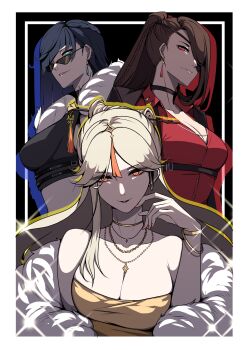 3girls absurdres alternate_costume bare_shoulders beidou_(genshin_impact) black_background blue_hair border breasts brown_hair cleavage diagonal_bangs dress earrings eyepatch fur_trim genshin_impact green_eyes hair_ornament highres jewelry large_breasts long_hair looking_at_viewer multiple_girls necklace ningguang_(genshin_impact) one_eye_covered pnatsu ponytail red_eyes short_hair sunglasses tassel white_border white_hair yelan_(genshin_impact) yellow_dress