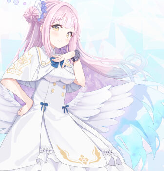 1girl absurdres angel_wings blue_archive blue_bow bow buttons capelet closed_mouth double-breasted dress feathered_wings flower gold_trim hair_bun hair_flower hair_ornament halo highres long_hair looking_at_viewer low_wings mika_(blue_archive) pink_hair pink_halo purple_flower scrunchie single_hair_bun single_side_bun smile solo suchiimu very_long_hair white_capelet white_dress wings wrist_scrunchie yellow_eyes