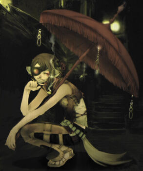 1other animal_ear_request animal_ears bare_arms bare_shoulders belt black_pants bloom brown_hair brown_vest closed_mouth corel_painter_(medium) dark_background dated_commentary eyepatch footwear_request from_side full_body hand_on_own_knee hand_up head_rest holding holding_smoking_pipe holding_umbrella looking_at_viewer midriff_peek narrowed_eyes night on_floor original outdoors pants photoshop_(medium) purple_eyes red_umbrella smile smoke smoking_pipe squatting stairs tail turning_head umbrella variant_set vest white_belt yamamoto_yamato