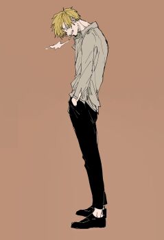 Rule 34 | 1boy, black pants, black shoes, blonde hair, cigarette, collared shirt, curly eyebrows, facial hair, full body, goatee, hand in pocket, hebi d hebi, highres, male focus, one piece, pants, profile, sanji (one piece), shirt, shoes, smile, smoke, solo