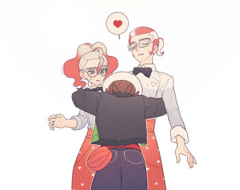 1boy 2girls apron bag black_bow black_bowtie bow bowtie brown_hair closed_eyes commentary_request glasses green_eyes griselle_(pokemon) grisham_(pokemon) harmony_(pokemon) hat hug jacket korean_commentary looking_at_another looking_down multiple_girls nintendo pants pokemon pokemon_legends:_z-a print_apron rumong simple_background sweatdrop waist_apron white-framed_eyewear white_background white_hat