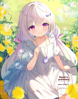1girl blush bubble closed_mouth dress field fish_hair_ornament flower flower_field hair_between_eyes hair_ornament hairclip hand_up highres jewelry long_hair looking_at_viewer low_twintails necklace original outdoors puffy_short_sleeves puffy_sleeves red_eyes ribbon short_sleeves smile solo twintails very_long_hair watermark white_dress white_hair yatani_row yellow_flower