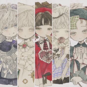 5girls acrylic_paint_(medium) beret black_hair blonde_hair blouse blunt_bangs blush bow brooch brown_hair cloak collage collar commentary_request dress expressionless flower frilled_collar frills grey_eyes hair_bow hair_ribbon half-closed_eyes hat highres holding holding_flower holding_letter jewelry karintoun letter long_sleeves looking_at_viewer medium_hair multiple_girls necklace original painting_(medium) pale_skin puffy_short_sleeves puffy_sleeves ribbon rose shirt short_hair short_sleeves signature simple_background standing straight-on tears traditional_media upper_body watercolor_(medium) white_background white_hair