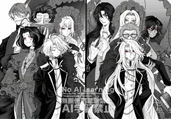 4boys 5girls :3 ahoge angry aristocratic_clothes arms_behind_back ascot black_coat black_hair blush bonnet breast_ribbon cape cassetti_(project_moon) cheekbones closed_eyes coat collared_shirt curiambro_(project_moon) don_quixote_(project_moon) dress drill_hair dulcinea_(project_moon) eyeshadow facing_viewer feather_boa frilled_bonnet frilled_headwear frilled_umbrella frills fur_cape glasses gregor_(project_moon) grey_eyeshadow hair_slicked_back height_difference highres holding holding_umbrella jacket jewelry la_manchaland_(identity)_(project_moon) lapels limbus_company long_hair long_sleeves looking_at_another looking_at_viewer makeup mask masquerade_mask meursault_(project_moon) multicolored_hair multiple_boys multiple_girls nicolina_(project_moon) notched_lapels one_eye_closed outis_(project_moon) parasol parted_bangs partially_colored peeking project_moon reading red_eyes ring rodion_(project_moon) sancho_(project_moon) sash shirt short_hair signature simple_background smile smug stole streaked_hair trait_connection twin_drills twintails umbrella vampire very_long_hair vtvsqazjjguhfrd watermark white_ascot white_background white_shirt