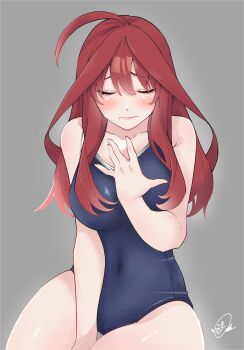 1girl absurdres ahoge bare_shoulders blue_eyes blue_one-piece_swimsuit blush breasts closed_eyes closed_mouth collarbone covered_navel go-toubun_no_hanayome grey_background hair_between_eyes hair_ornament hands_on_own_chest highres large_breasts ldeeeeeeeeeejo long_hair nakano_itsuki one-piece_swimsuit red_hair school_swimsuit solo star_(symbol) swimsuit