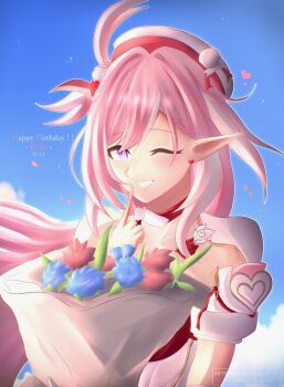 1girl ;o absurdres aommfy_07 beret blue_flower blue_rose blue_sky bouquet commentary diamond-shaped_pupils diamond_(shape) dress elysia_(hi_love_elf)_(honkai_impact) elysia_(honkai_impact) english_commentary flower happy_birthday hat highres holding holding_bouquet honkai_(series) honkai_impact_3rd long_hair looking_at_viewer multicolored_hair one_eye_closed pink_flower pink_hair pink_rose purple_eyes rose sky smile solo symbol-shaped_pupils two-tone_hair very_long_hair white_dress white_hair