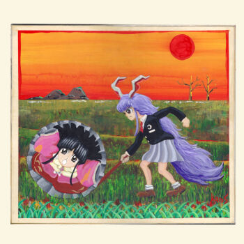 Rule 34 | animal ears, artist name, black cardigan, black hair, bow, brown shoes, cardigan, commentary request, crescent, grey eyes, grey skirt, hime cut, houraisan kaguya, in container, in trash can, kams, long hair, necktie, pink shirt, purple hair, pushing, rabbit ears, rabbit girl, red eyes, red necktie, red skirt, reisen udongein inaba, shirt, shoes, skirt, socks, sun, touhou, traditional media, trash can, very long hair, white bow, white shirt, white socks, wide sleeves, zun (style)