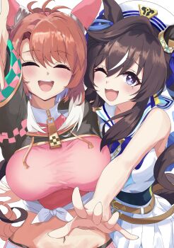 2girls :3 absurdres ahoge animal_ears bare_shoulders beret black_shrug blue_eyes blue_ribbon blush bow breasts brown_hair checkered_ribbon closed_eyes commentary_request dantsu_flame_(center_spotlight)_(umamusume) dantsu_flame_(umamusume) ear_covers ear_ribbon ekazawa_sdvx hair_between_eyes hat hat_belt highres horse_ears horse_girl horse_tail large_breasts long_hair looking_at_viewer midriff mole mole_under_eye multicolored_hair multiple_girls navel one_eye_closed open_mouth pink_shirt pink_shorts ribbon shirt shorts shrug_(clothing) simple_background single_ear_cover skirt smile streaked_hair swimsuit swimsuit_under_clothes tail tied_shirt twintails umamusume vivlos_(umamusume) vivlos_(voyage_etincelant)_(umamusume) white_hair white_hat white_shirt white_skirt
