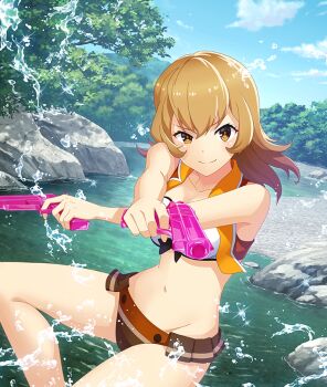 1girl adapted_costume bikini bikini_skirt blue_sky breasts brown_bikini brown_hair brown_skirt brown_vest cleavage closed_mouth cloud collarbone day diffraction_spikes dot_nose double-parted_bangs dual_wielding dutch_angle feet_out_of_frame finger_on_trigger game_cg groin gun handgun holding large_breasts looking_at_viewer medium_hair microskirt nature navel official_art orange_eyes osafune_girls_academy_school_uniform outdoors red_pupils river school_uniform shimoishii_chika skirt sky smile solo sparkle splashing squatting swimsuit third-party_source toji_no_miko toji_no_miko:_kizamishi_issen_no_tomoshibi tree v-shaped_eyebrows vest water water_drop water_gun weapon white_bikini