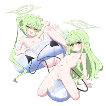1girl 2girls angel ball barefoot blue_archive blush breasts censored collarbone completely_nude flat_chest full_body green_hair halo heart heart_censor highres hikari_(blue_archive) inflatable_armbands loli long_hair looking_at_viewer multiple_girls navel nipples nozomi_(blue_archive) nude open_mouth original otakummm pointy_ears pool_float pussy siblings simple_background sisters sitting small_breasts smile spread_legs tail twins very_long_hair white_background wings yellow_eyes