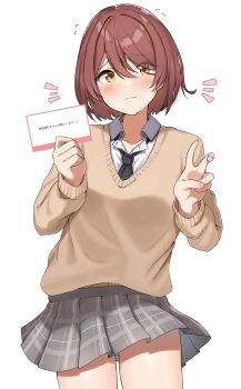 1girl :3 absurdres alternate_hair_length alternate_hairstyle bent_v black_necktie brown_sweater closed_mouth collared_shirt commentary_request dress_shirt eyes_visible_through_hair flying_sweatdrops gloves gluteal_fold grey_skirt hair_between_eyes highres holding idolmaster idolmaster_shiny_colors looking_at_viewer marshmallow_(site) miniskirt necktie notice_lines osaki_tenka plaid_clothes plaid_skirt pleated_skirt raised_inner_eyebrows request_inset shirt short_hair skirt smile solo sweater v wanitaroo._(waniwani_panic) white_shirt yellow_eyes
