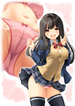 1girl :d ass black_hair black_thighhighs blazer blue_jacket blush bow bow_bra bow_panties bra breasts brown_cardigan brown_eyes button_gap cameltoe cardigan cleavage collared_shirt commission dress_shirt hair_ornament hairclip hands_up heart highres jacket kamiya_tomoe long_hair looking_at_viewer medium_breasts multiple_views open_clothes open_jacket open_mouth original panties pink_bra pink_panties pixiv_commission school_uniform shirt skindentation smile thighhighs underwear underwear_only very_long_hair w white_shirt x_hair_ornament