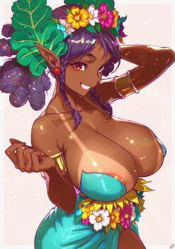 1girl absurdres aqua_dress areola_slip bracer breasts cleavage commentary_request dark-skinned_female dark_skin dress flower grin hair_flower hair_ornament highres large_breasts leaf leaf_on_head long_pointy_ears looking_at_viewer momoyama_tits pointy_ears purple_hair red_eyes red_lips shantae_(series) smile solo tan tanline teeth vera_(shantae)