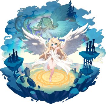 2girls aged_down angel angel_wings armpits artist_request bare_legs barefoot blonde_hair blue_eyes blue_gemstone blush bracelet breasts castle circlet closed_mouth cloud column commentary_request dual_persona feathered_wings feet floating_island flying full_body gem gold_circlet gold_necklace hand_on_own_cheek hand_on_own_face heaven ilias jewelry large_breasts loli long_hair looking_at_viewer magic_circle mon-musu_quest! mon-musu_quest:_paradox monster_musume_td multiple_girls necklace outstretched_hand parted_bangs pillar pointy_ears rainbow red_gemstone rock ruins smile solo_focus standing standing_on_one_leg third-party_source toes toga transparent_background very_long_hair white_wings wings