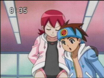 00s 1boy 2girls animated animated_gif bare_legs black_one-piece_swimsuit blush brown_hair capcom embarrassed hairband hitting injury lan_hikari_(mega_man) looking_at_another looking_away lowres mayl_sakurai_(mega_man) mega_man_(series) mega_man_battle_network multiple_girls one-piece_swimsuit pink_hair punching red_hair screencap swimsuit thighhighs violence