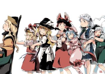 Rule 34 | > <, 6+girls, apron, ascot, back bow, bat wings, black hair, black hairband, black hat, black vest, blonde hair, blue hair, bow, bowtie, braid, clenched teeth, closed eyes, collared shirt, commentary request, crystal, crystal wings, detached sleeves, flandre scarlet, frilled bow, frilled hair tubes, frills, green bow, green bowtie, green skirt, green vest, grey hair, hair bow, hair tubes, hairband, hakurei reimu, hat, hat bow, hat ribbon, highres, hitodama, izayoi sakuya, kirisame marisa, kokechankokko, konpaku youmu, konpaku youmu (ghost), long hair, long sleeves, maid, maid headdress, matara okina, mob cap, multicolored wings, multiple girls, one side up, open mouth, orange sleeves, orange tabard, pink hat, pink socks, puffy short sleeves, puffy sleeves, pushing, red bow, red skirt, red vest, remilia scarlet, ribbon, ribbon-trimmed sleeves, ribbon trim, shirt, short sleeves, side braid, simple background, single braid, skirt, skirt bow, skirt set, smile, socks, tabard, teeth, touhou, twin braids, vest, waist apron, white background, white bow, white hat, white shirt, wide sleeves, wings, witch hat, yellow ascot