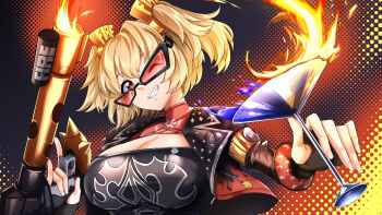 Rule 34 | 1girl, black gloves, black jacket, blonde hair, breasts, burnice white, cleavage, crop top, fire, flamethrower, gloves, highres, hisuikouha, holding flamethrower, holding weapon, jacket, large breasts, looking at viewer, one eye closed, red eyes, shirt, short hair, skirt, smile, solo, sunglasses, turtleneck, turtleneck shirt, twintails, weapon, zenless zone zero