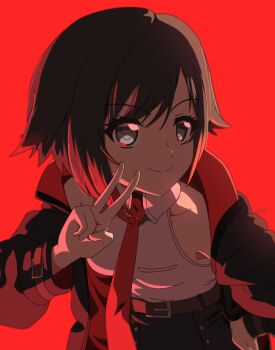 1girl ar_jart artist_name belt black_hair closed_mouth gradient_hair grey_eyes hand_on_own_hip jacket leaning_forward looking_at_viewer multicolored_hair necktie open_clothes open_jacket red_background red_hair ruby_rose rwby shaded_face shirt short_hair sleeveless sleeveless_shirt smile solo v