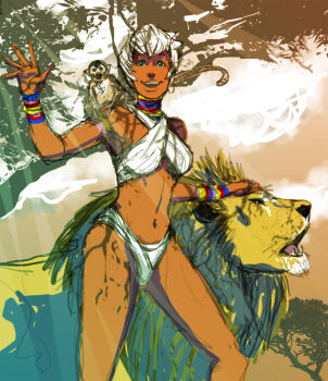 1girl africa animal bikini blue_eyes bracelet dappled_sunlight dark-skinned_female dark_skin elena_(street_fighter) female_focus jewelry lion lots_of_jewelry monkey navel neck_ring scott_webber short_hair smile solo street_fighter sunlight swimsuit white_hair
